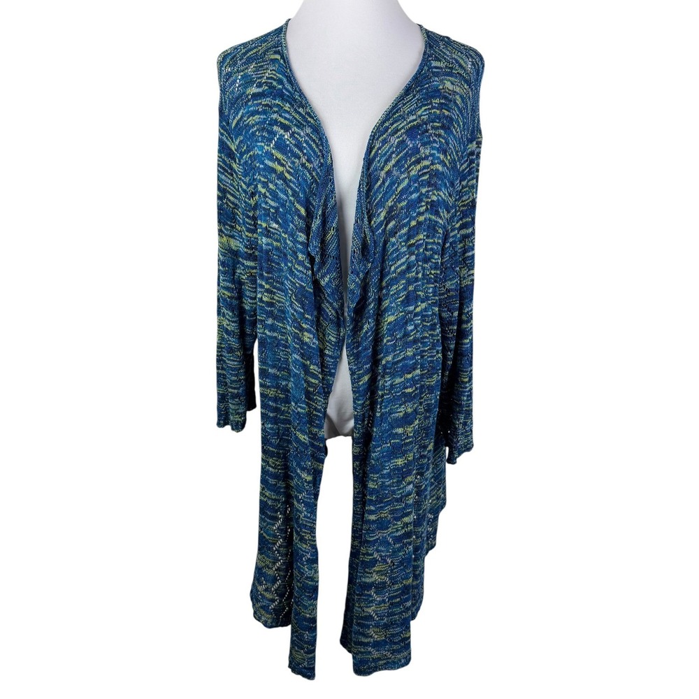 CJ Banks Blue Yellow Knit Open Front Long Cardigan Sweater Womens 2X‎